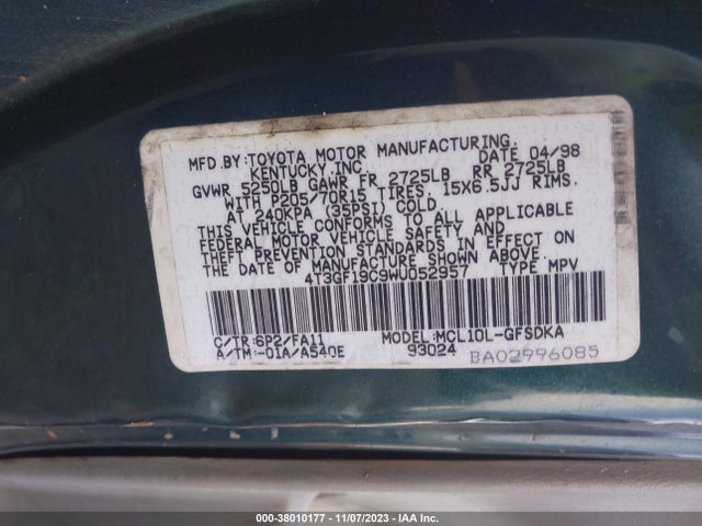 1998 TOYOTA SIENNA CE VIN: 4T3GF19C9WU052957