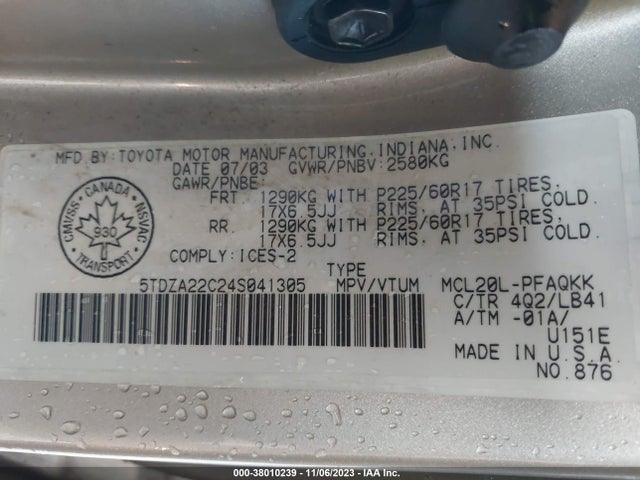 2004 TOYOTA SIENNA XLE/XLE LIMITED VIN: 5TDZA22C24S041305