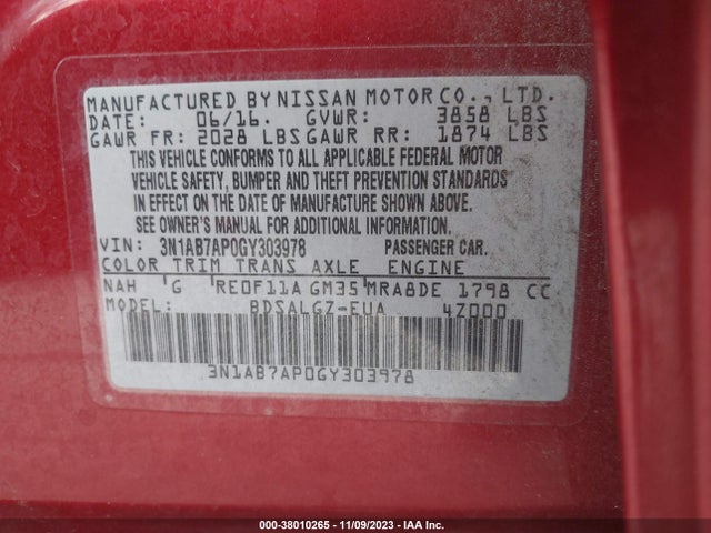 Nissan SENTRA SL 2016 3N1AB7AP0GY303978 Image 9