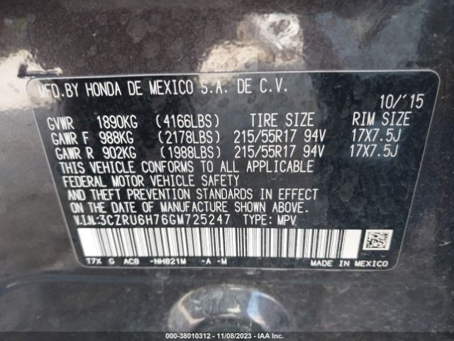 3CZRU6H76GM725247 Honda Hr-v Ex-l