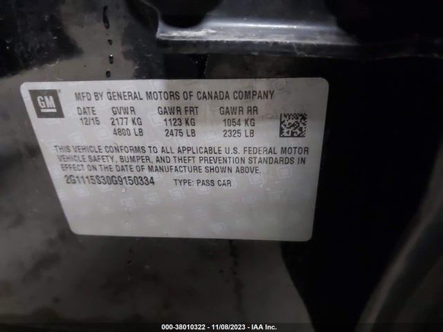 2016 CHEVROLET IMPALA 2LT VIN: 2G1115S30G9150334