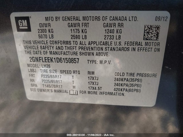 2013 CHEVROLET EQUINOX 1LT VIN: 2GNFLEEK1D6150857