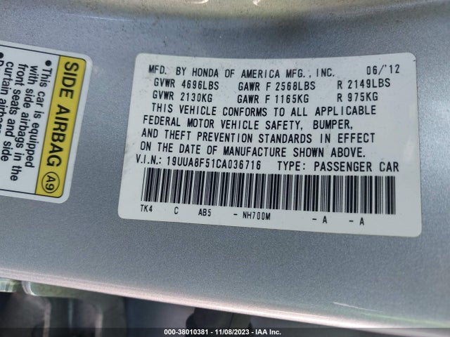 2012 ACURA TL TECH AUTO VIN: 19UUA8F51CA036716