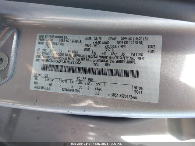 2018 FORD ESCAPE SE VIN: 1FMCU0GD1JUD23442