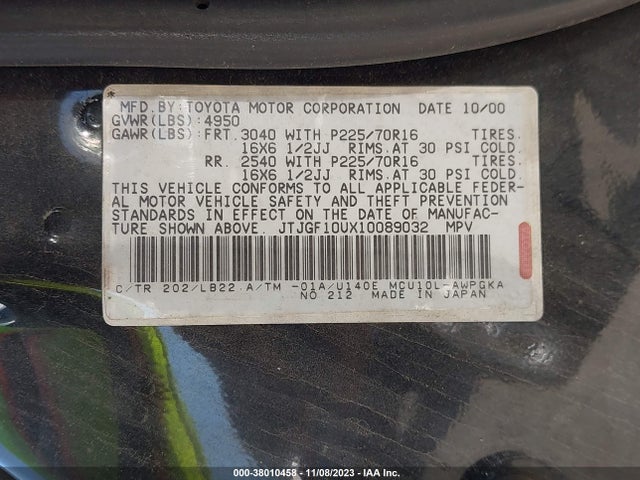 2001 LEXUS RX 300 BASE (A4) VIN: JTJGF10UX10089032