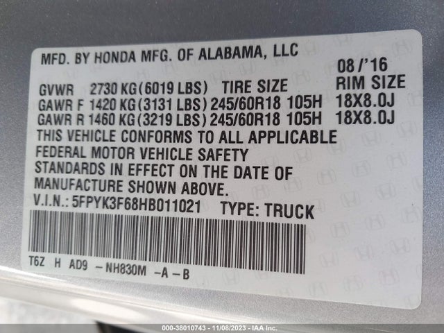 Honda Ridgeline Rtl-t 2017 5FPYK3F68HB011021 Image 9