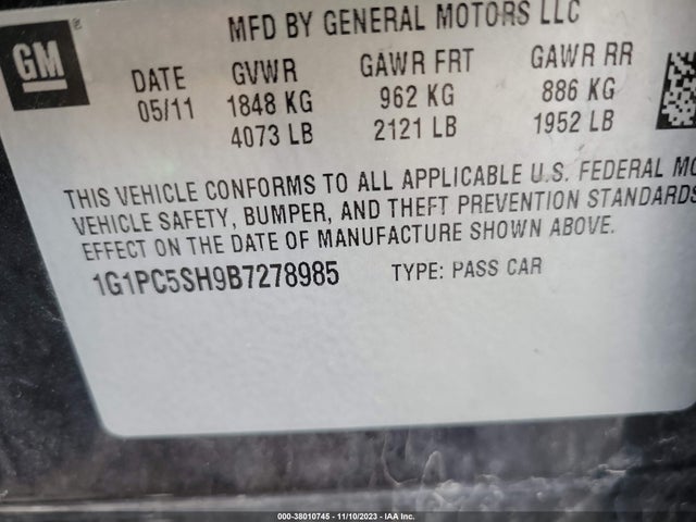 2011 CHEVROLET CRUZE LS VIN: 1G1PC5SH9B7278985
