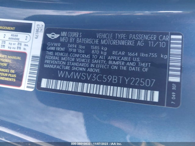 2011 MINI COOPER S WMWSV3C59BTY22507 Photo 8