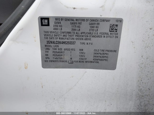 Chevrolet EQUINOX LT 2017 2GNALCEK4H6260337 Image 9