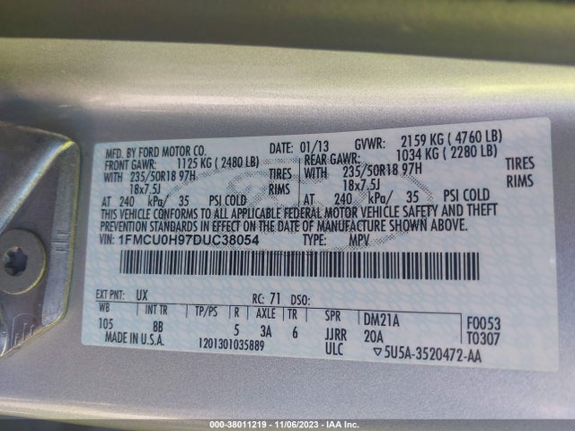 2013 FORD ESCAPE SEL VIN: 1FMCU0H97DUC38054