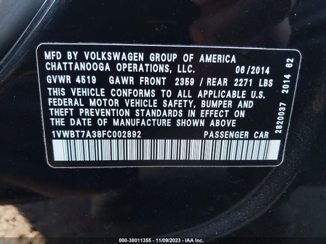 1VWBT7A38FC002892 Volkswagen Passat 1.8t Se