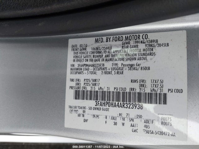 2010 FORD FUSION SE VIN: 3FAHP0HA4AR323938