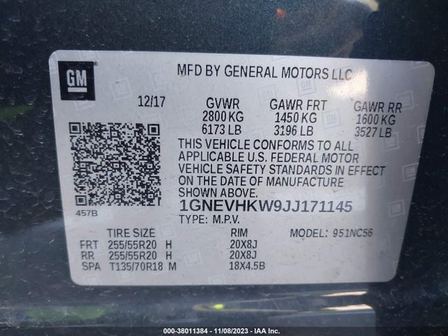 Chevrolet Traverse 3lt 2018 1GNEVHKW9JJ171145 Image 9