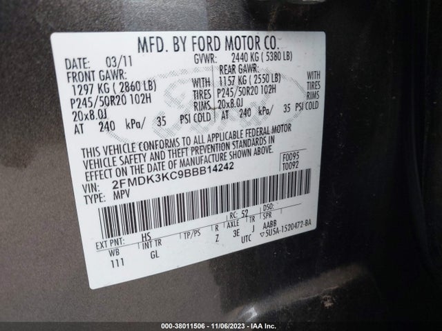 2011 FORD EDGE LIMITED VIN: 2FMDK3KC9BBB14242