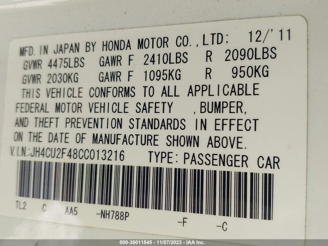 2012 ACURA TSX 2.4 VIN: JH4CU2F48CC013216