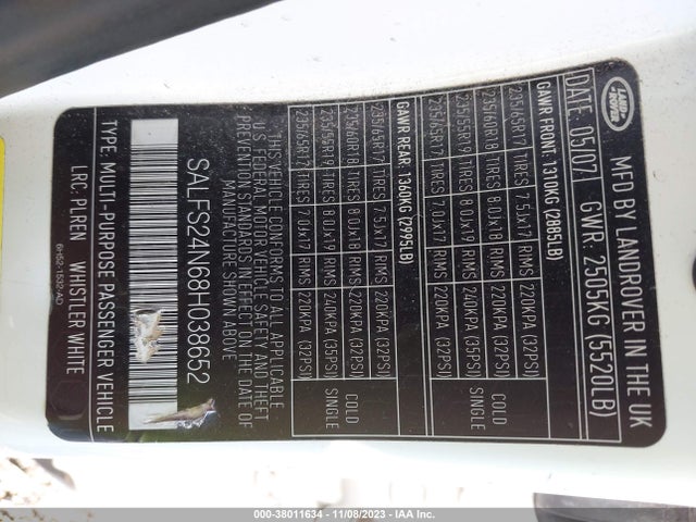 2008 LAND ROVER LR2 SE VIN: SALFS24N68H038652
