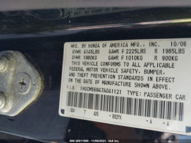 2007 HONDA ACCORD 2.4 EX VIN: 1HGCM56847A041121