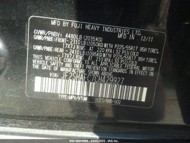 2012 SUBARU FORESTER 2.5X LIMITED VIN: JF2SHAFC7CH429927
