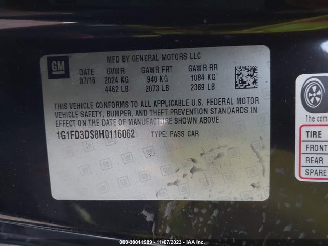 2017 CHEVROLET CAMARO 2LT VIN: 1G1FD3DS8H0116062