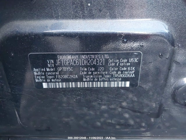 2013 SUBARU IMPREZA 2.0I PREMIUM VIN: JF1GPAC61DH204321