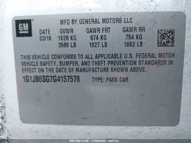 Chevrolet Sonic Ls Manual 2016 1G1JB6SG7G4157578 Image 9