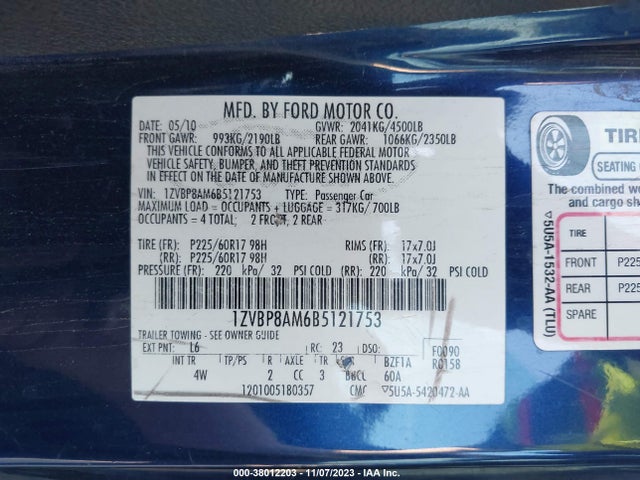 2011 FORD MUSTANG V6 PREMIUM VIN: 1ZVBP8AM6B5121753