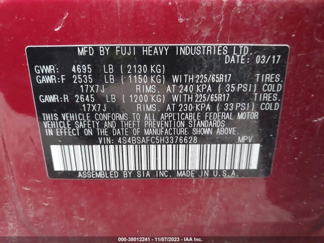 Subaru Outback 2.5i Premium 2017 4S4BSAFC5H3376628 Image 9