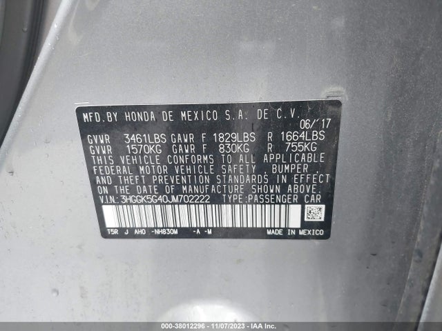 2018 HONDA FIT LX VIN: 3HGGK5G40JM702222