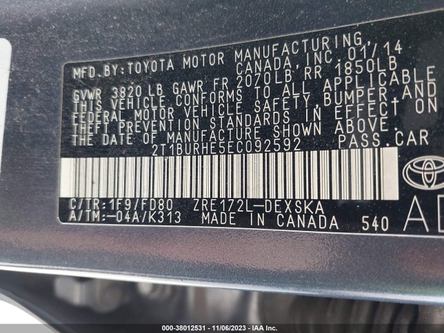 Toyota Corolla L/le/s/s Plus/le Plus 2014 2T1BURHE5EC092592 Image 9