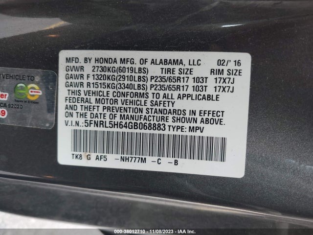 2016 HONDA ODYSSEY EX-L VIN: 5FNRL5H64GB068883
