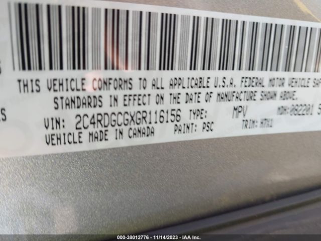 2C4RDGCGXGR116156 Dodge Grand Caravan Sxt