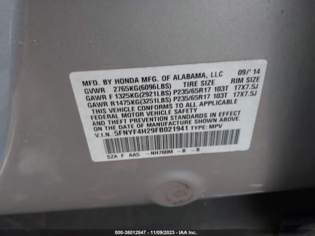 5FNYF4H29FB021941 Honda PILOT LX