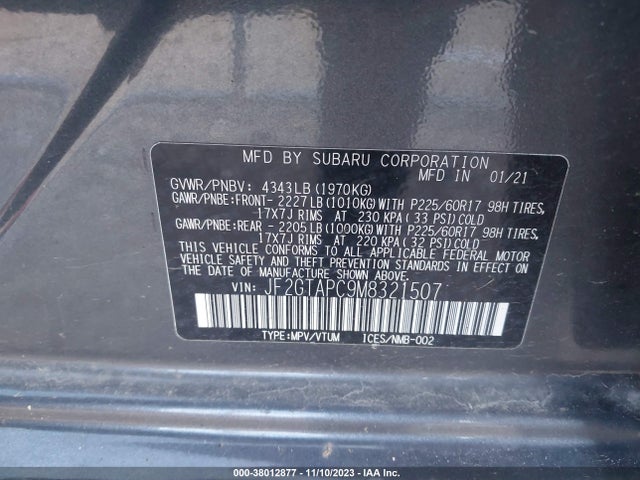 2021 SUBARU CROSSTREK PREMIUM VIN: JF2GTAPC9M8321507