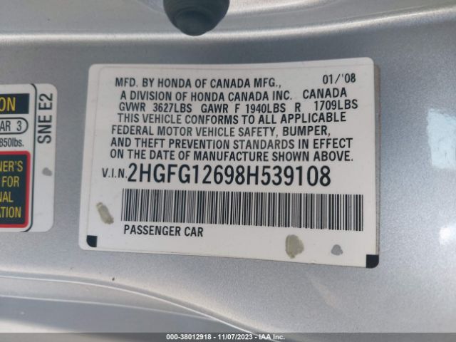 2008 HONDA CIVIC CPE 2HGFG12698H539108 Photo 8