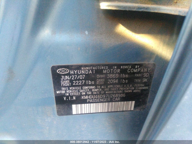 2007 HYUNDAI ELANTRA LIMITED/GLS/SE VIN: KMHDU46D97U268986