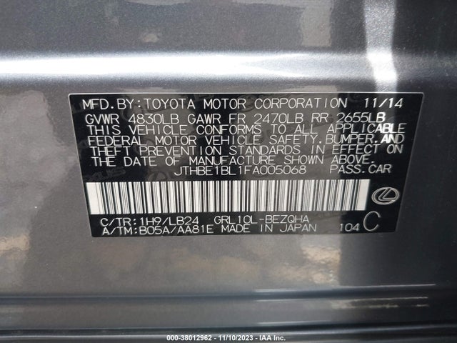 2015 LEXUS GS 350 VIN: JTHBE1BL1FA005068