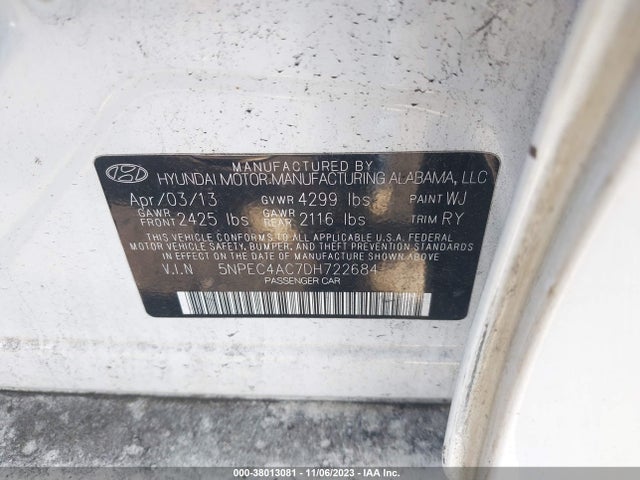 2013 HYUNDAI SONATA SE VIN: 5NPEC4AC7DH722684