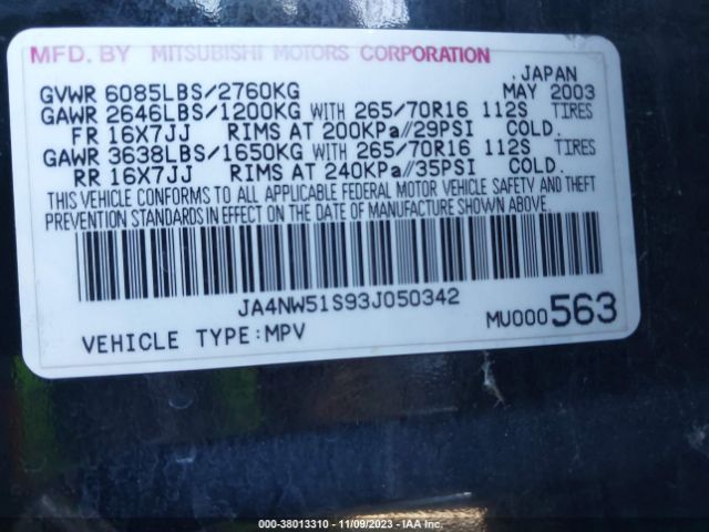 2003 MITSUBISHI MONTERO JA4NW51S93J050342 Photo 8