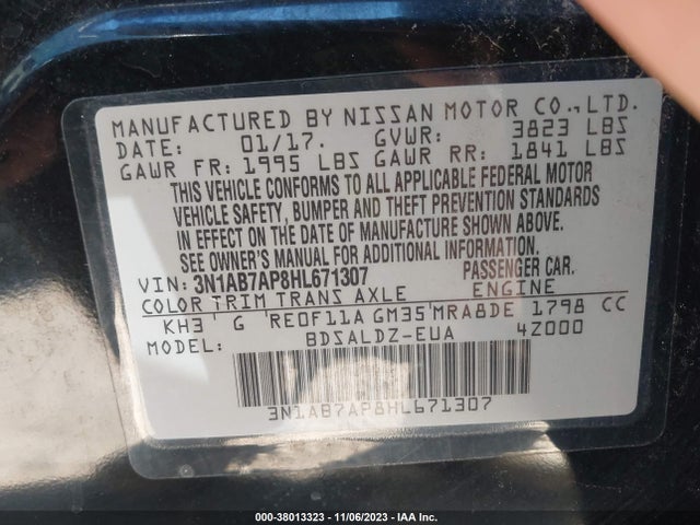 2017 NISSAN SENTRA SV VIN: 3N1AB7AP8HL671307