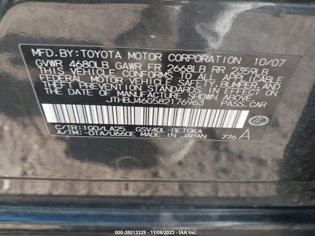 2008 LEXUS ES 350 VIN: JTHBJ46G582176963