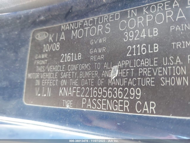 2009 KIA SPECTRA EX VIN: KNAFE221695636299