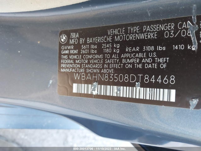 2008 BMW 7 SERIES 750LI VIN: WBAHN83508DT84468