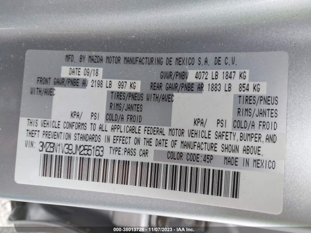 3MZBN1V39JM255163 Mazda Mazda3 Touring