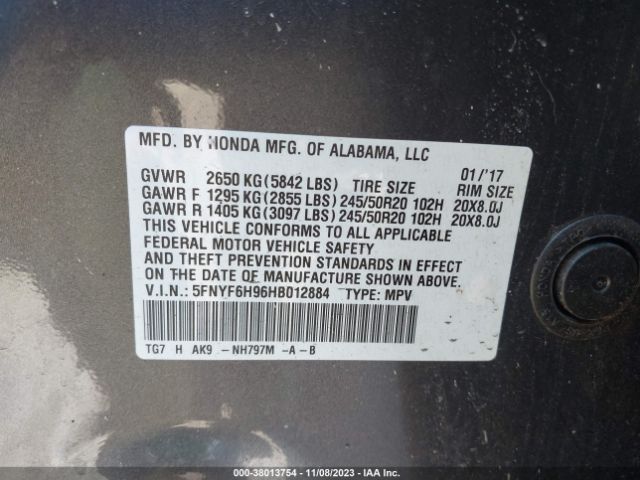 5FNYF6H96HB012884 Honda Pilot Touring