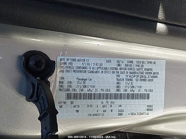 2016 FORD FOCUS SE VIN: 1FADP3F28GL374586