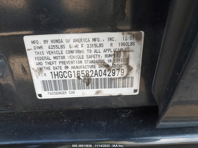 2002 HONDA ACCORD SDN EX W/LEATHER VIN: 1HGCG16582A042979