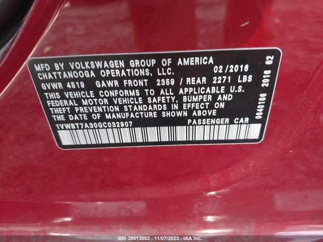 1VWBT7A30GC032907 Volkswagen Passat 1.8t Se