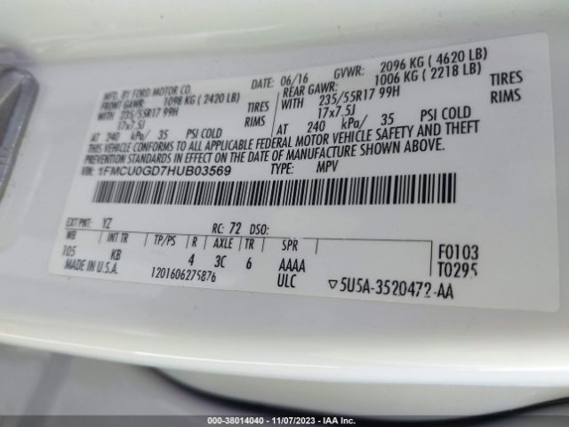 1FMCU0GD7HUB03569 Ford ESCAPE SE