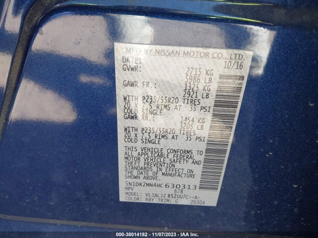 2017 NISSAN PATHFINDER PLATINUM VIN: 5N1DR2MN4HC630313