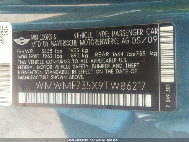 2009 MINI COOPER S WMWMF735X9TW86217 Photo 8